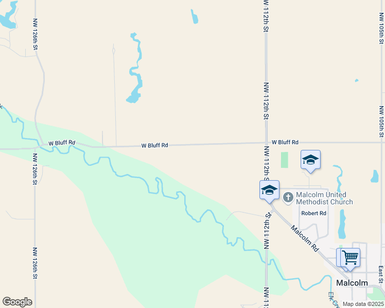 map of restaurants, bars, coffee shops, grocery stores, and more near 11707 West Bluff Road in Malcolm