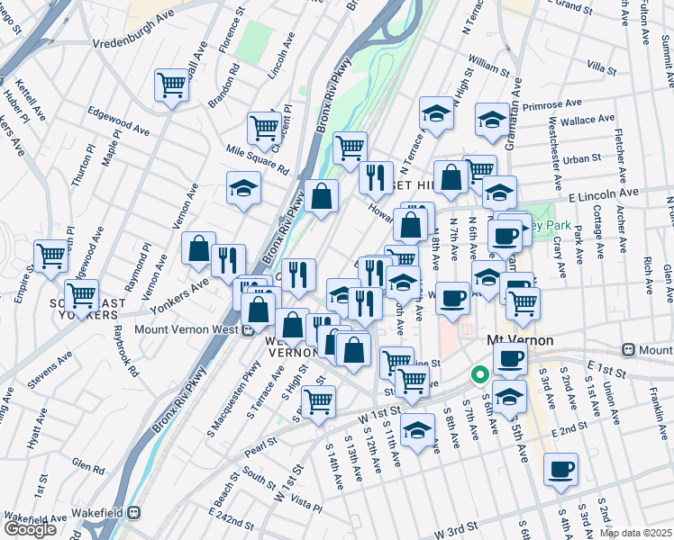map of restaurants, bars, coffee shops, grocery stores, and more near 134 North Terrace Avenue in Mount Vernon