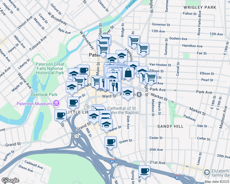 map of restaurants, bars, coffee shops, grocery stores, and more near 30 Clark Street in Paterson