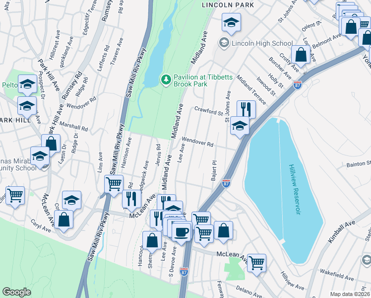 map of restaurants, bars, coffee shops, grocery stores, and more near 262 Lee Avenue in Yonkers