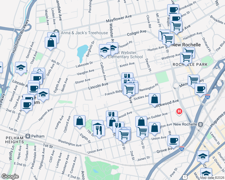 map of restaurants, bars, coffee shops, grocery stores, and more near 246 Lincoln Avenue in New Rochelle