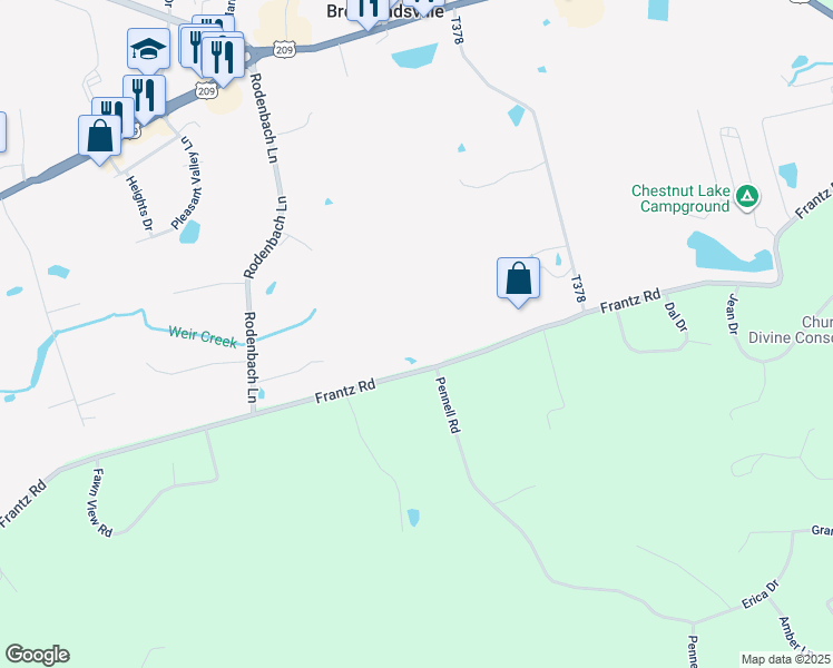 map of restaurants, bars, coffee shops, grocery stores, and more near 383 Frantz Road in Brodheadsville