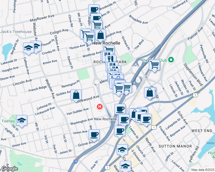 map of restaurants, bars, coffee shops, grocery stores, and more near 20 Sickles Avenue in New Rochelle