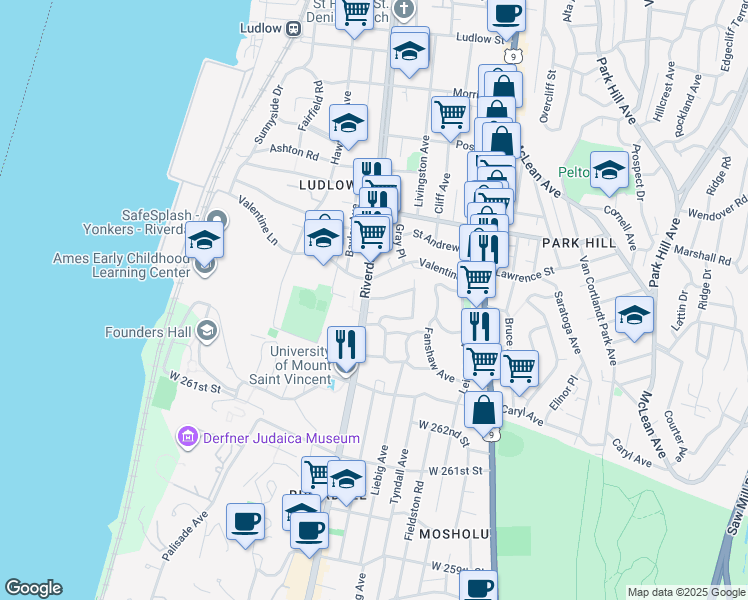 map of restaurants, bars, coffee shops, grocery stores, and more near in Yonkers