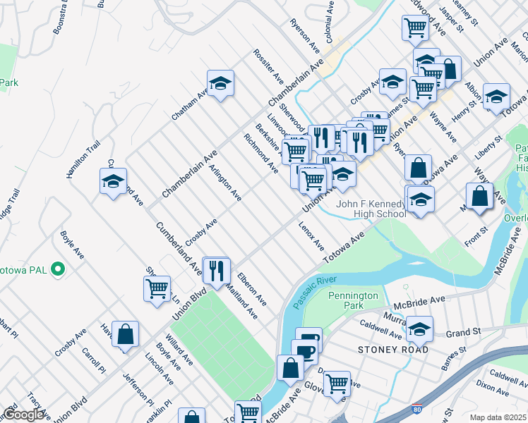 map of restaurants, bars, coffee shops, grocery stores, and more near 127 Lexington Avenue in Paterson