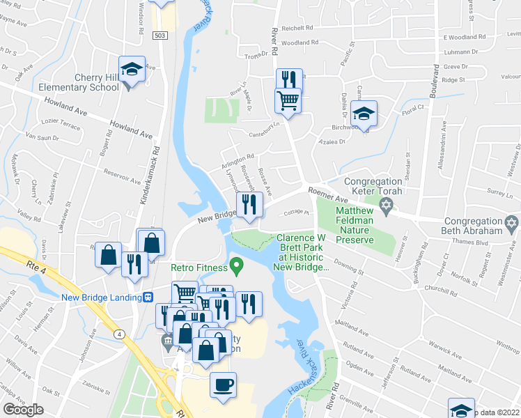 map of restaurants, bars, coffee shops, grocery stores, and more near 1075 New Bridge Road in New Milford