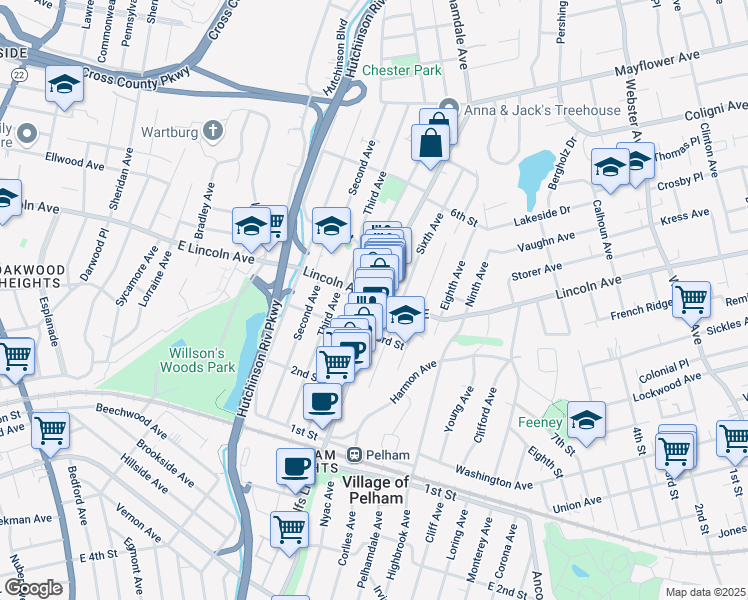 map of restaurants, bars, coffee shops, grocery stores, and more near 88 Lincoln Avenue in Village of Pelham