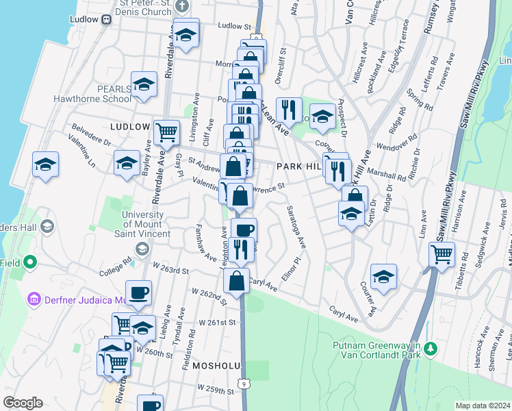 map of restaurants, bars, coffee shops, grocery stores, and more near 72 Bruce Avenue in Yonkers