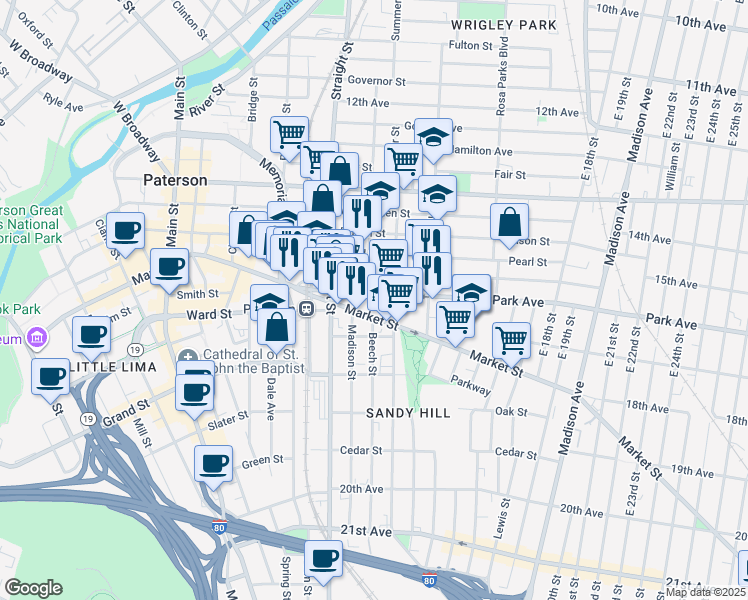 map of restaurants, bars, coffee shops, grocery stores, and more near 51/57 Park Avenue in Paterson