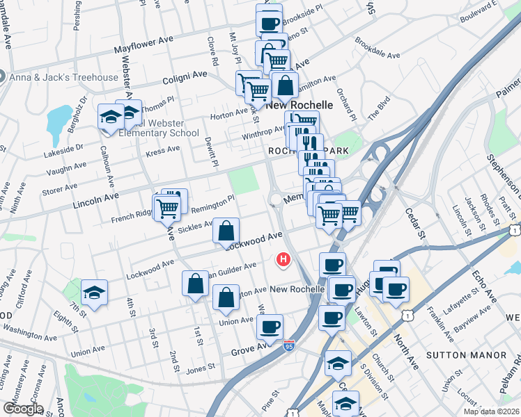 map of restaurants, bars, coffee shops, grocery stores, and more near 149-199 Guion Place in New Rochelle