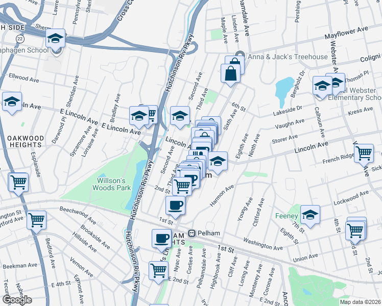 map of restaurants, bars, coffee shops, grocery stores, and more near 70 Lincoln Avenue in Village of Pelham