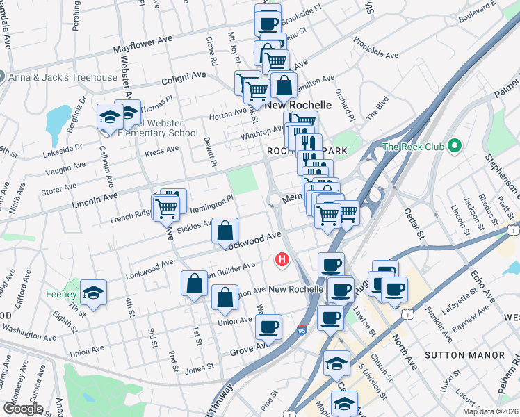 map of restaurants, bars, coffee shops, grocery stores, and more near 149-199 Guion Place in New Rochelle