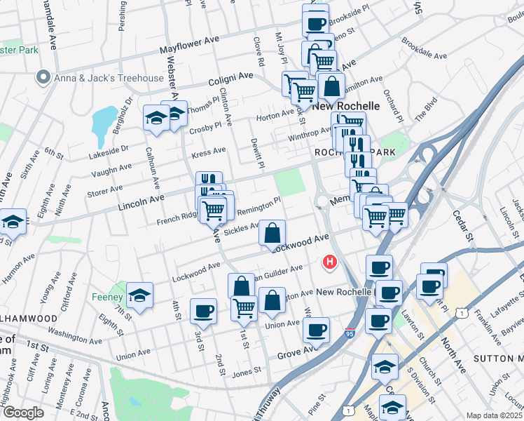 map of restaurants, bars, coffee shops, grocery stores, and more near 38 Remington Terrace in New Rochelle