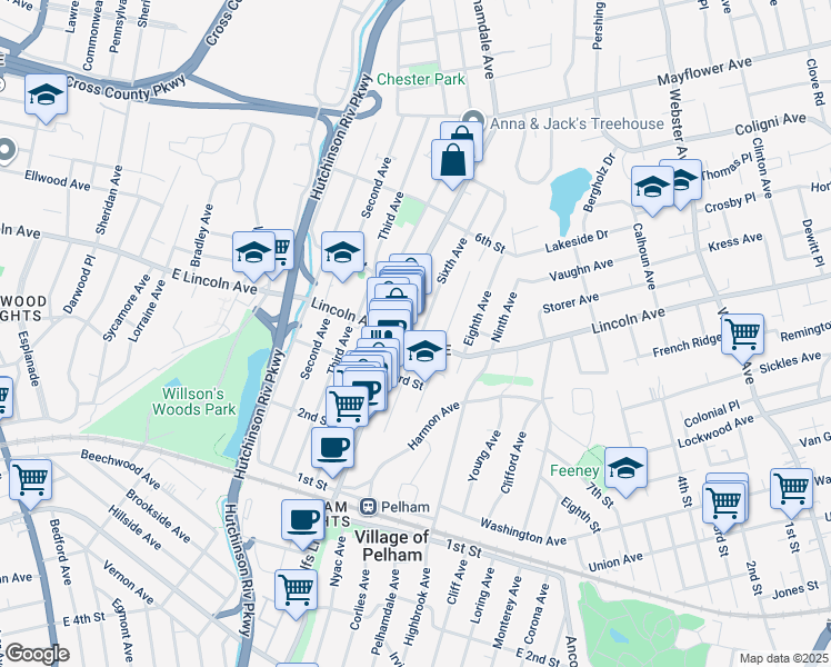 map of restaurants, bars, coffee shops, grocery stores, and more near 306a Fifth Avenue in Village of Pelham