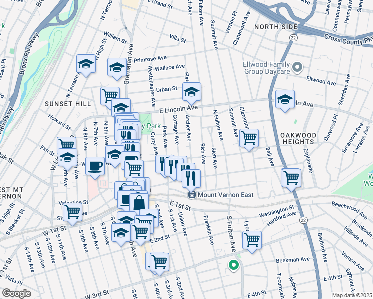 map of restaurants, bars, coffee shops, grocery stores, and more near 125 Cottage Avenue in Mount Vernon