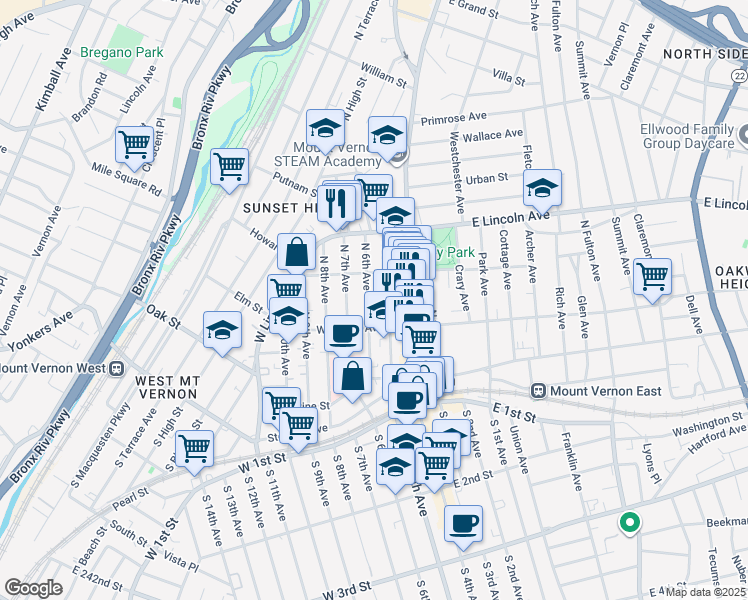 map of restaurants, bars, coffee shops, grocery stores, and more near 133 North 6th Avenue in Mount Vernon
