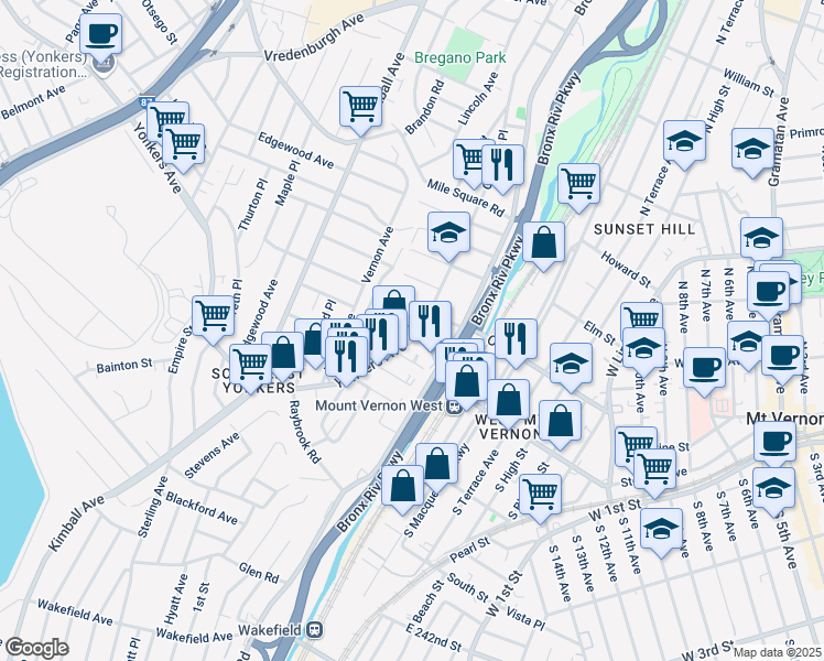 map of restaurants, bars, coffee shops, grocery stores, and more near 15 Crescent Place in Yonkers