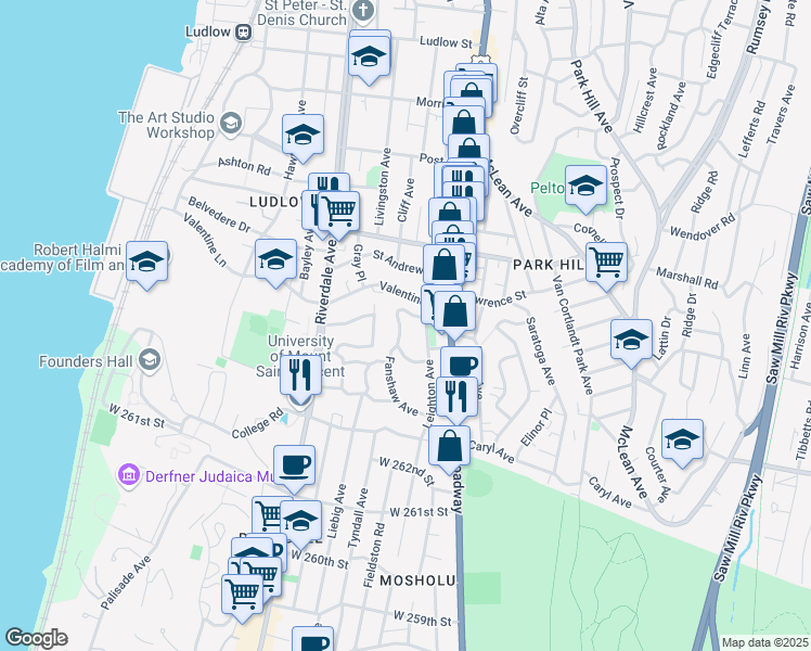 map of restaurants, bars, coffee shops, grocery stores, and more near 36 Berkeley Avenue in Yonkers
