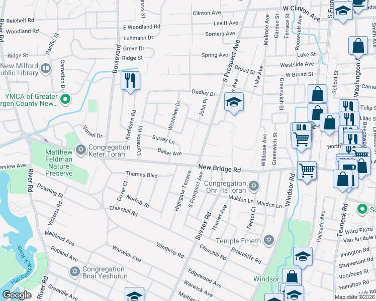map of restaurants, bars, coffee shops, grocery stores, and more near 11 Surrey Lane in Bergenfield