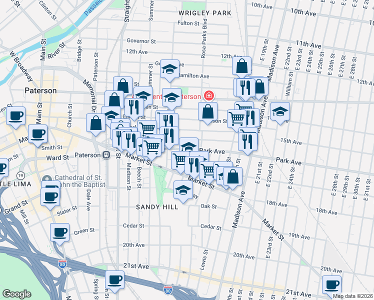 map of restaurants, bars, coffee shops, grocery stores, and more near 149 Park Avenue in Paterson