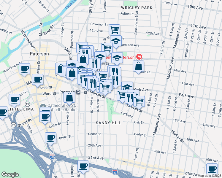 map of restaurants, bars, coffee shops, grocery stores, and more near in Paterson