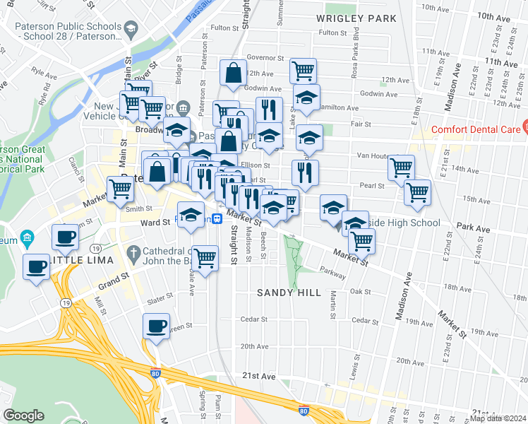 map of restaurants, bars, coffee shops, grocery stores, and more near 51/57 Park Avenue in Paterson