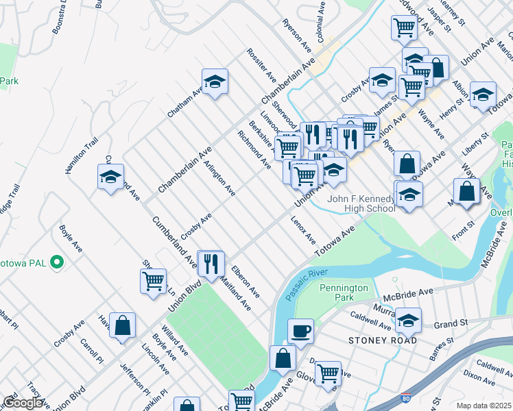 map of restaurants, bars, coffee shops, grocery stores, and more near 127 Lexington Avenue in Paterson