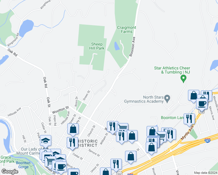 map of restaurants, bars, coffee shops, grocery stores, and more near 722 Boonton Avenue in Boonton Township