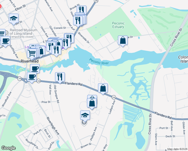 map of restaurants, bars, coffee shops, grocery stores, and more near 330 Flanders Road in Riverhead