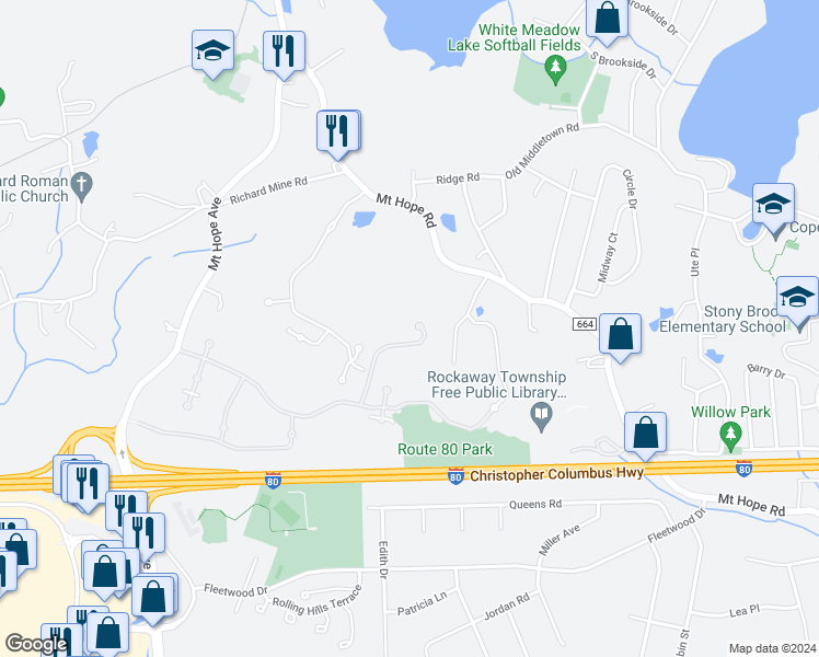 map of restaurants, bars, coffee shops, grocery stores, and more near 1306 Carter Drive in Rockaway