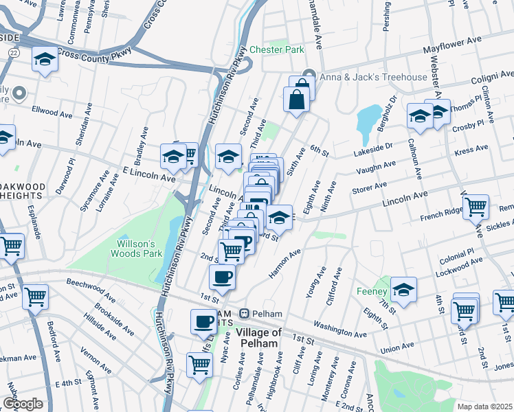 map of restaurants, bars, coffee shops, grocery stores, and more near 306a Fifth Avenue in Village of Pelham