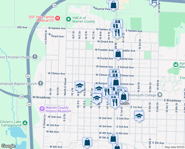 map of restaurants, bars, coffee shops, grocery stores, and more near 400 West Clinton Avenue in Monmouth