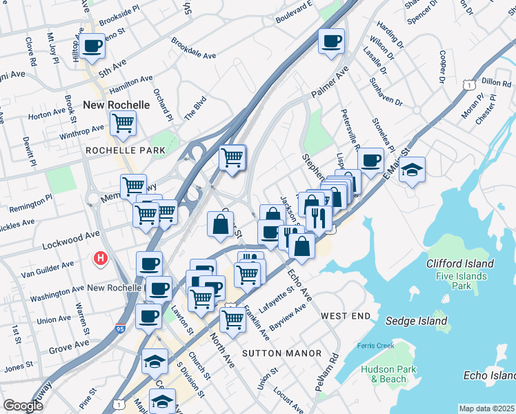 map of restaurants, bars, coffee shops, grocery stores, and more near 65 River Street in New Rochelle