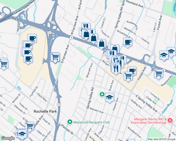 map of restaurants, bars, coffee shops, grocery stores, and more near 887 Briarcliff Avenue in Maywood