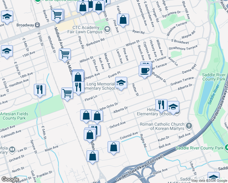 map of restaurants, bars, coffee shops, grocery stores, and more near 287 Floral Lane in Saddle Brook