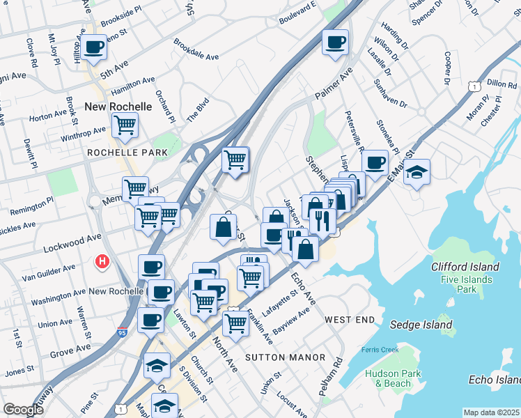 map of restaurants, bars, coffee shops, grocery stores, and more near 65 River Street in New Rochelle
