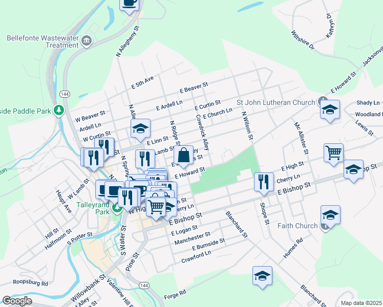 map of restaurants, bars, coffee shops, grocery stores, and more near 328 Hale Lane in Bellefonte