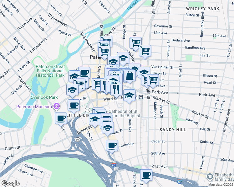 map of restaurants, bars, coffee shops, grocery stores, and more near 30 Clark Street in Paterson