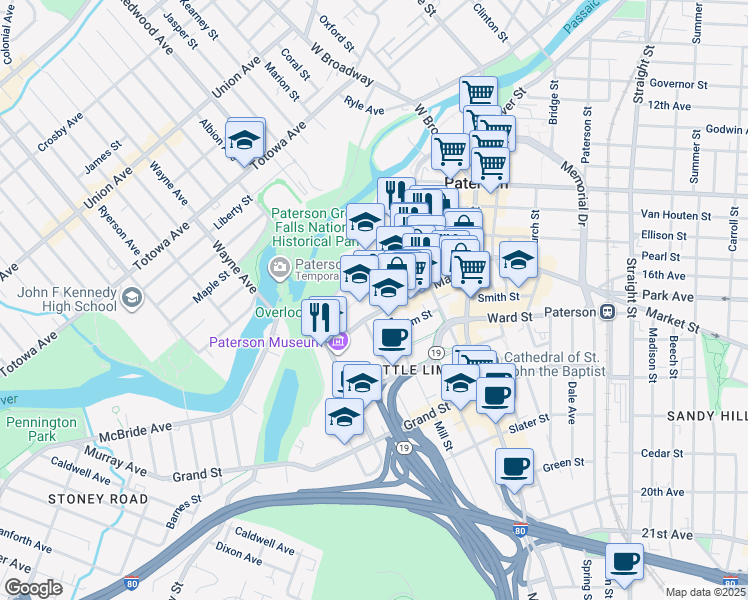 map of restaurants, bars, coffee shops, grocery stores, and more near 111 Jersey Street in Paterson