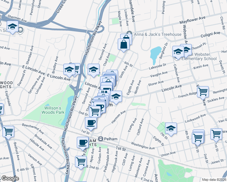 map of restaurants, bars, coffee shops, grocery stores, and more near 306a Fifth Avenue in Village of Pelham