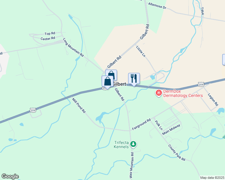 map of restaurants, bars, coffee shops, grocery stores, and more near 629 Gilbert Road in Effort