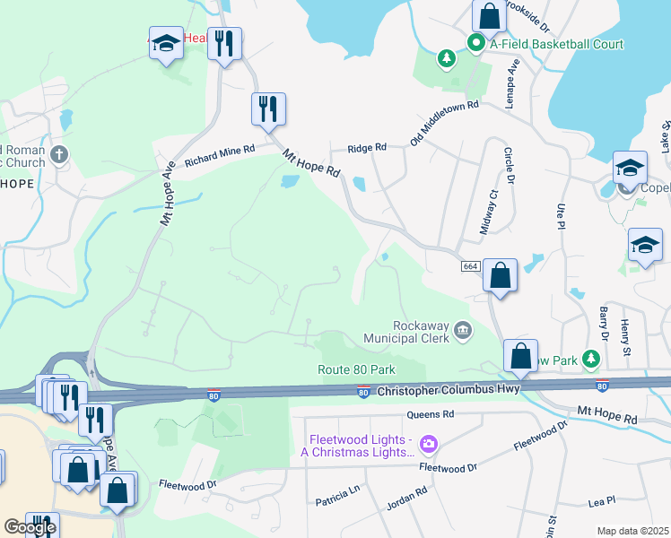 map of restaurants, bars, coffee shops, grocery stores, and more near 1306 Carter Drive in Rockaway