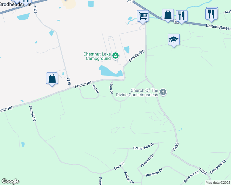 map of restaurants, bars, coffee shops, grocery stores, and more near 119 Jean Drive in Brodheadsville