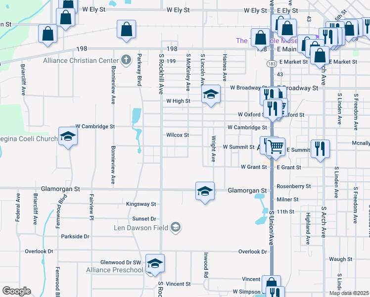 map of restaurants, bars, coffee shops, grocery stores, and more near 645 West Summit Street in Alliance