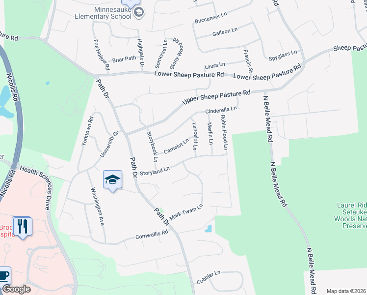 map of restaurants, bars, coffee shops, grocery stores, and more near 14 Camelot Lane in Setauket- East Setauket