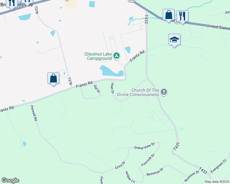 map of restaurants, bars, coffee shops, grocery stores, and more near 119 Jean Drive in Brodheadsville