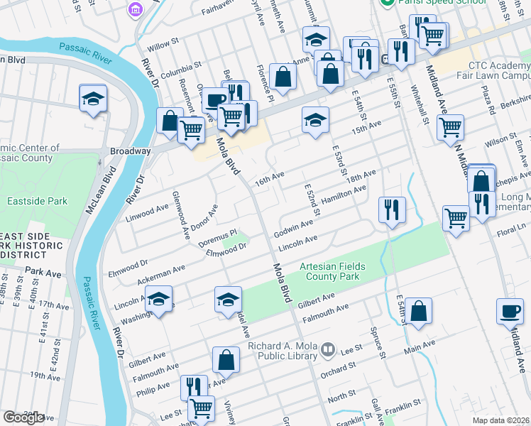 map of restaurants, bars, coffee shops, grocery stores, and more near 1-121 Boulevard in Elmwood Park