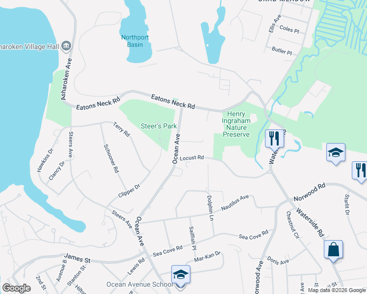 map of restaurants, bars, coffee shops, grocery stores, and more near 306 Ocean Avenue in Northport