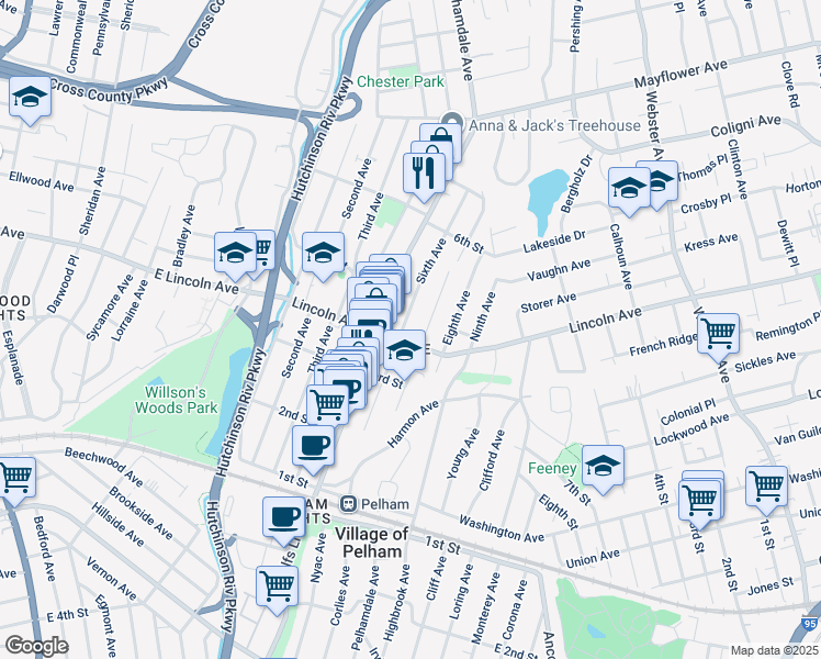 map of restaurants, bars, coffee shops, grocery stores, and more near 319 Seventh Avenue in Village of Pelham