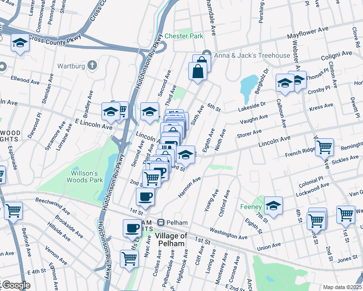 map of restaurants, bars, coffee shops, grocery stores, and more near 306a Fifth Avenue in Village of Pelham